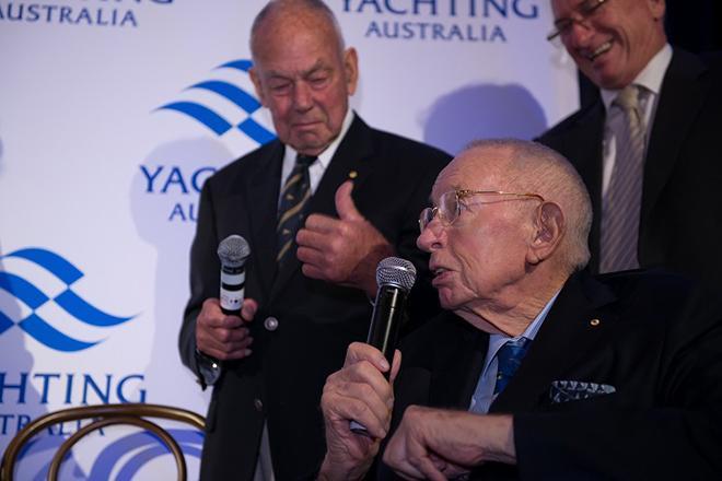 Bob Oatley honoured with Lifetime Acheivement at Yachting Australia Awards 2015 - Bill Buckle and Sandy Oatley background © Jane Gordon